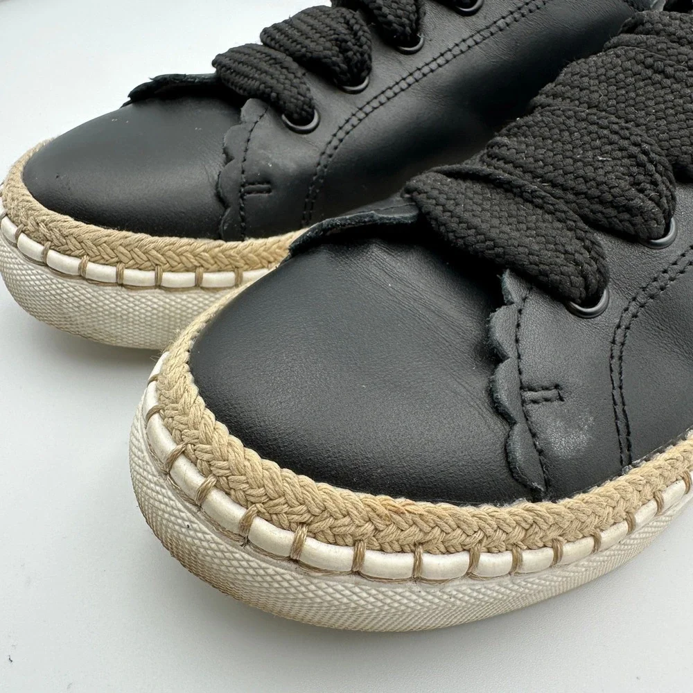 Kate Spade New York Lena Black Leather Sneakers Chunky Laces Scalloped Chic Sz 5